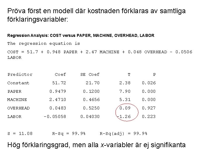 Pröva först en modell där kostnaden förklaras av samtliga förklaringsvariabler: Regression Analysis: COST versus