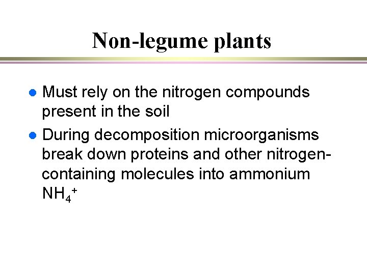 Non-legume plants Must rely on the nitrogen compounds present in the soil l During