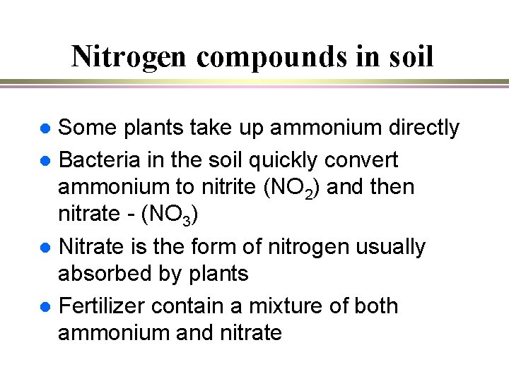 Nitrogen compounds in soil Some plants take up ammonium directly l Bacteria in the