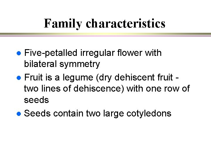 Family characteristics Five-petalled irregular flower with bilateral symmetry l Fruit is a legume (dry