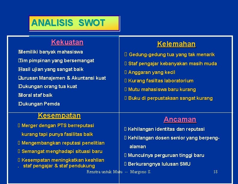 ANALISIS SWOT Kekuatan Kelemahan � Memiliki banyak mahasiswa Gedung-gedung tua yang tak menarik �