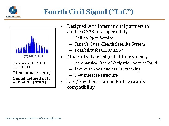 Fourth Civil Signal (“L 1 C”) • Designed with international partners to enable GNSS Fourth Civil Signal (“L 1 C”) • Designed with international partners to enable GNSS