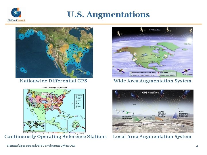 U. S. Augmentations Nationwide Differential GPS Continuously Operating Reference Stations National Space-Based PNT Coordination