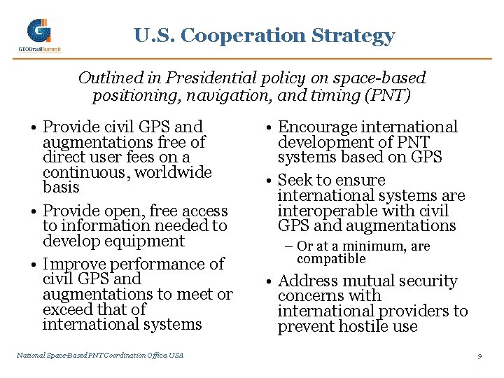 U. S. Cooperation Strategy Outlined in Presidential policy on space-based positioning, navigation, and timing