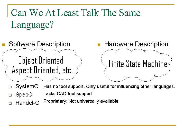 Can We At Least Talk The Same Language? n n Software Description Language (SDL)