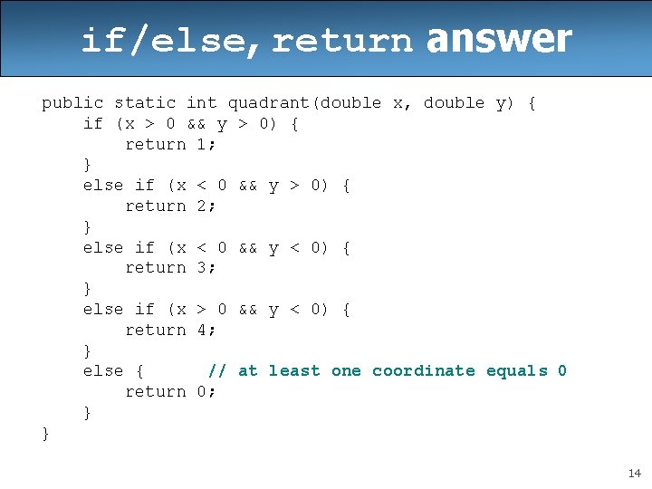 if/else, return answer public static int quadrant(double x, double y) { if (x >