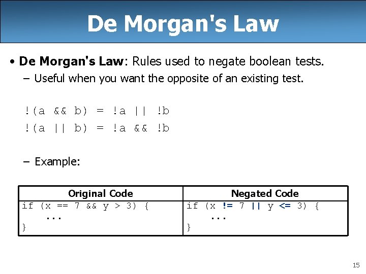 De Morgan's Law • De Morgan's Law: Rules used to negate boolean tests. –