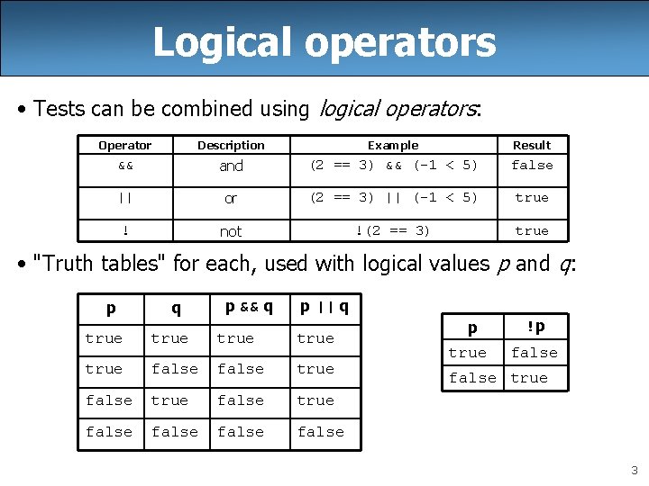 Logical operators • Tests can be combined using logical operators: Operator Description Example Result