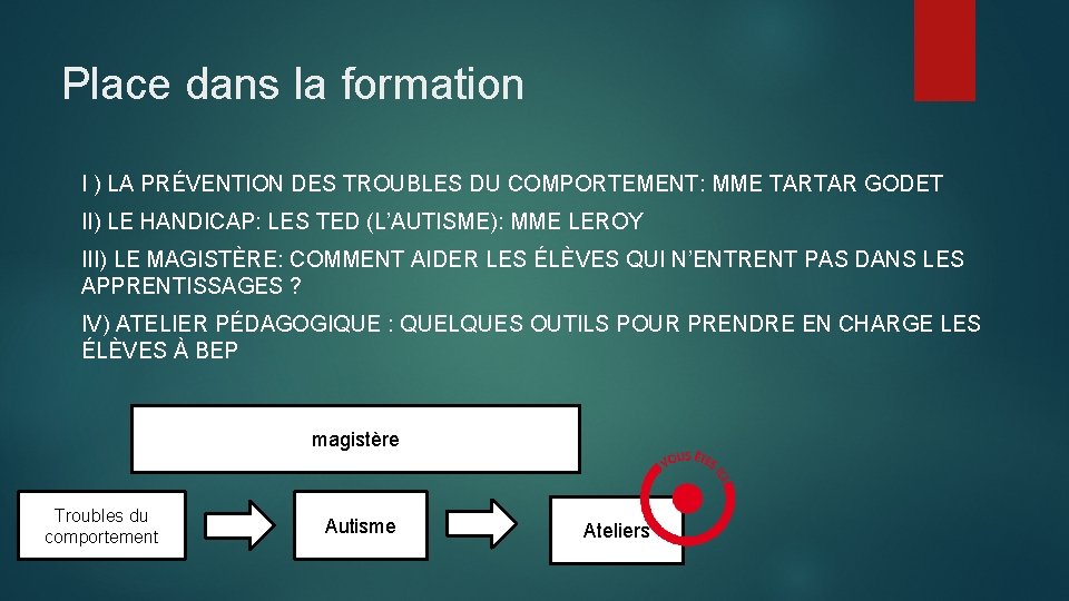 Place dans la formation I ) LA PRÉVENTION DES TROUBLES DU COMPORTEMENT: MME TARTAR