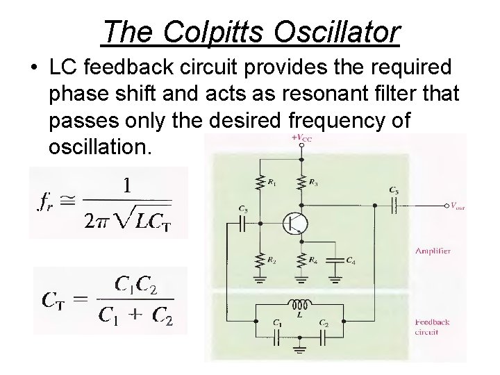 The Colpitts Oscillator • LC feedback circuit provides the required phase shift and acts