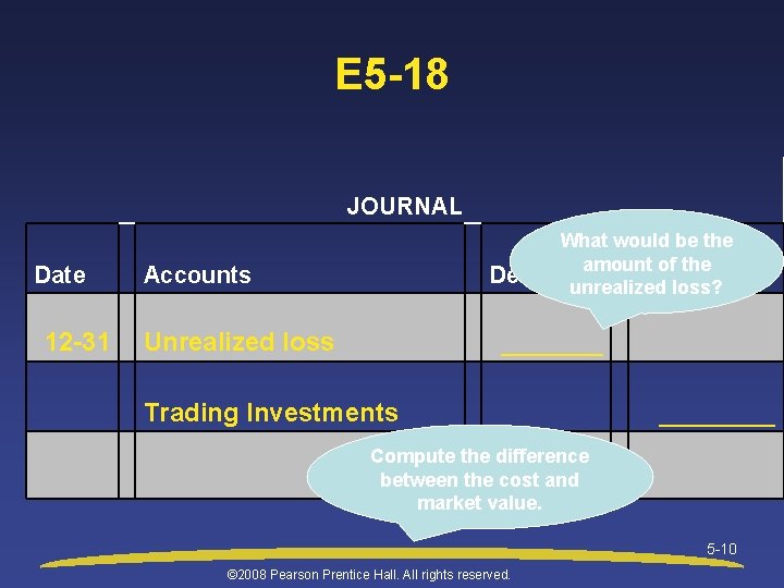E 5 -18 JOURNAL Date Accounts Debit 12 -31 Unrealized loss Trading Investments What