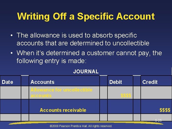 Writing Off a Specific Account • The allowance is used to absorb specific accounts