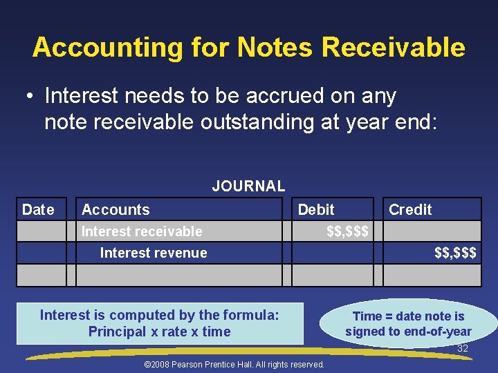 Accounting for Notes Receivable • Interest needs to be accrued on any note receivable