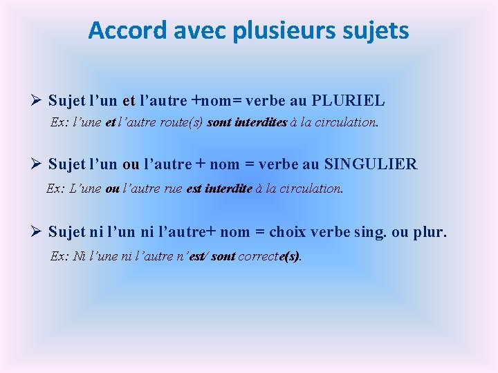 Accord avec plusieurs sujets Ø Sujet l’un et l’autre +nom= verbe au PLURIEL Ex: