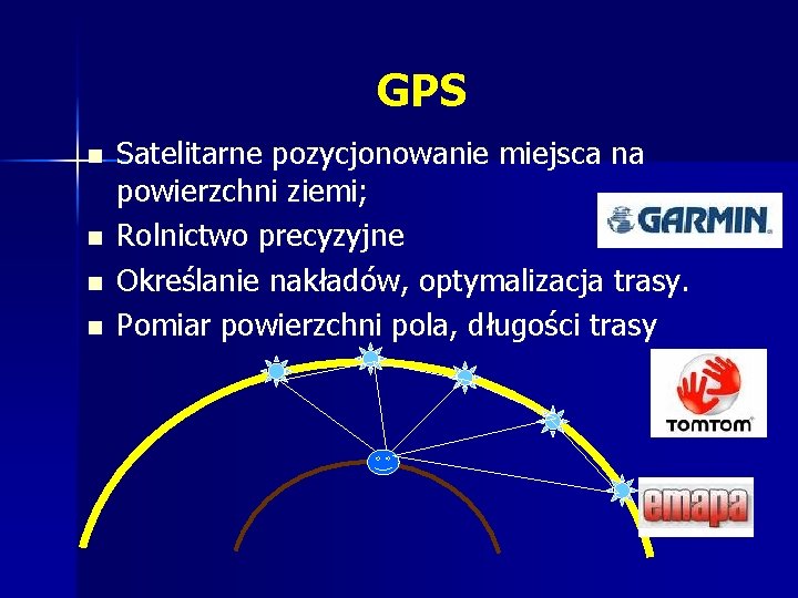 GPS n n Satelitarne pozycjonowanie miejsca na powierzchni ziemi; Rolnictwo precyzyjne Określanie nakładów, optymalizacja