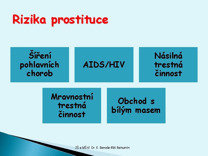 Rizika prostituce Šíření pohlavních chorob AIDS/HIV Mravnostní trestná činnost Násilná trestná činnost Obchod s