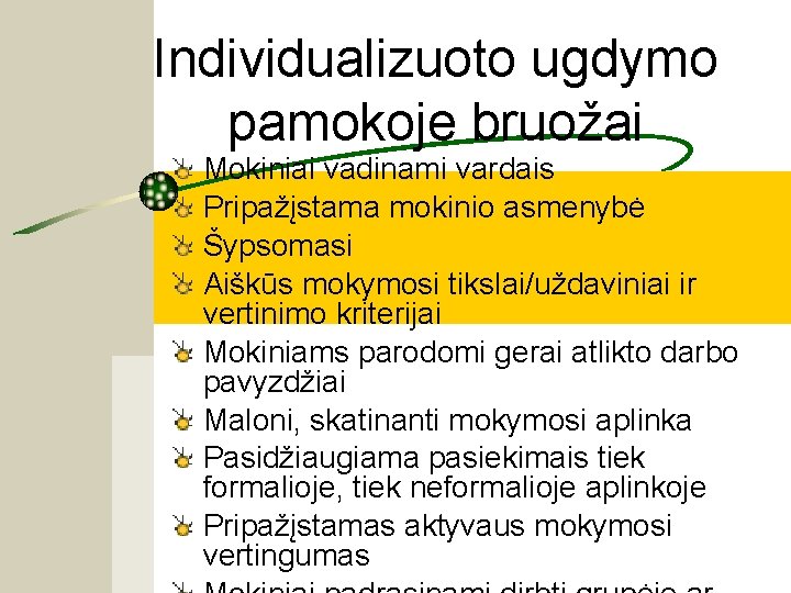 Individualizuoto ugdymo pamokoje bruožai Mokiniai vadinami vardais Pripažįstama mokinio asmenybė Šypsomasi Aiškūs mokymosi tikslai/uždaviniai