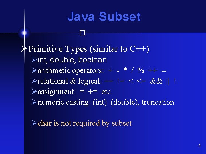 Java Subset � Ø Primitive Types (similar to C++) Øint, double, boolean Øarithmetic operators: