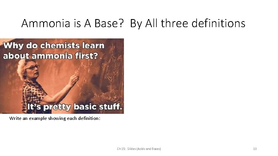 Ammonia is A Base? By All three definitions Write an example showing each definition: