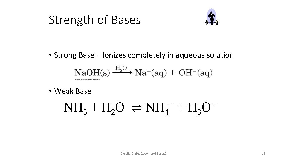 Strength of Bases • Strong Base – Ionizes completely in aqueous solution • Weak