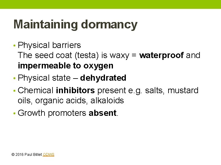 Maintaining dormancy • Physical barriers The seed coat (testa) is waxy = waterproof and