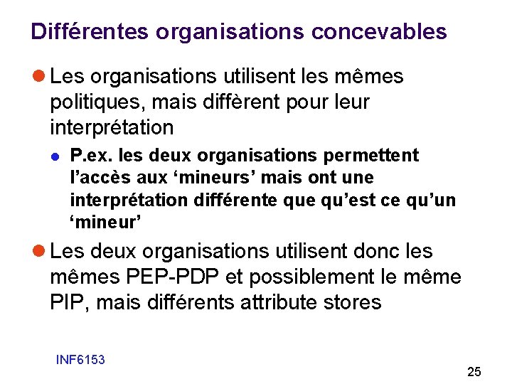 Différentes organisations concevables l Les organisations utilisent les mêmes politiques, mais diffèrent pour leur
