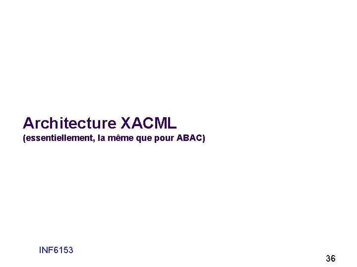 Architecture XACML (essentiellement, la même que pour ABAC) INF 6153 36 
