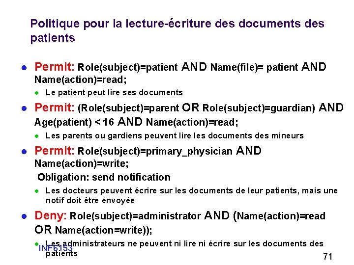 Politique pour la lecture-écriture des documents des patients l Permit: Role(subject)=patient AND Name(file)= patient