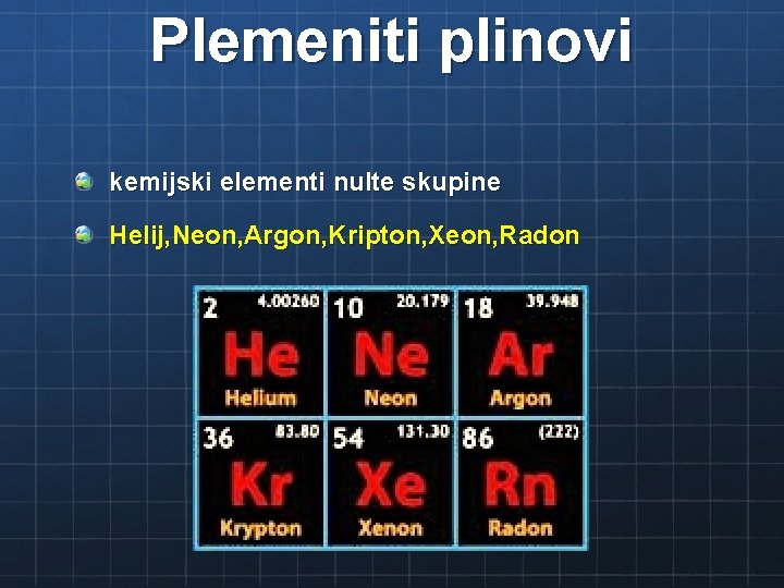 Plemeniti plinovi kemijski elementi nulte skupine Helij, Neon, Argon, Kripton, Xeon, Radon 