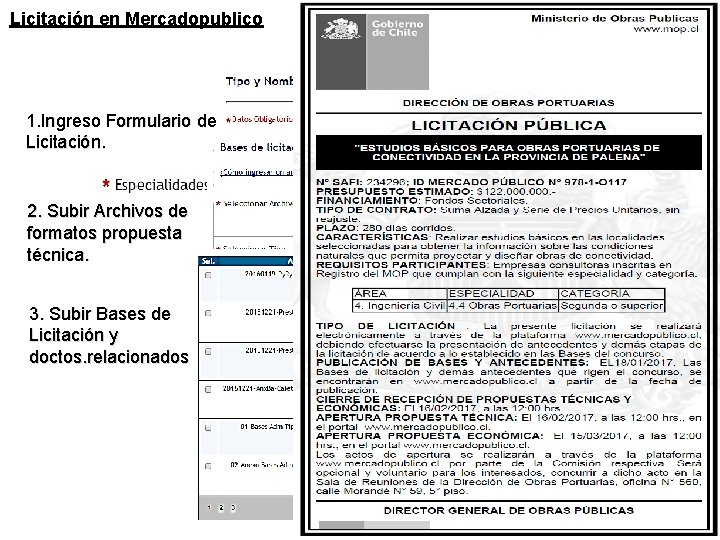 Licitación en Mercadopublico 1. Ingreso Formulario de Licitación. 2. Subir Archivos de formatos propuesta