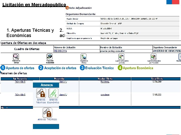 Licitación en Mercadopublico 1. Aperturas Técnicas y Económicas 3. Adjudicación 2. Gestión de aclaraciones