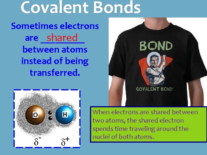 Covalent Bonds Sometimes electrons are _____ shared between atoms instead of being transferred. When
