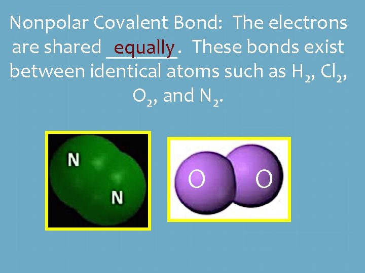 Nonpolar Covalent Bond: The electrons are shared _______. These bonds exist equally between identical Nonpolar Covalent Bond: The electrons are shared _______. These bonds exist equally between identical