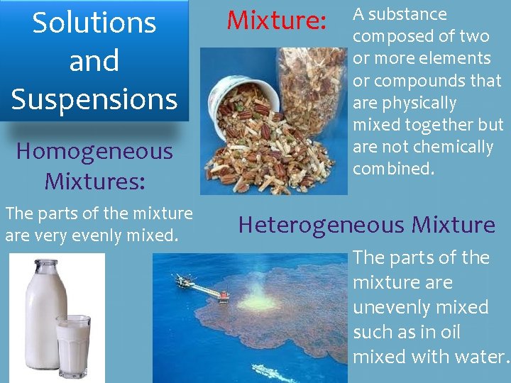 Solutions and Suspensions Homogeneous Mixtures: The parts of the mixture are very evenly mixed. Solutions and Suspensions Homogeneous Mixtures: The parts of the mixture are very evenly mixed.