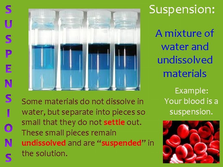 Suspension: A mixture of water and undissolved materials Some materials do not dissolve in Suspension: A mixture of water and undissolved materials Some materials do not dissolve in