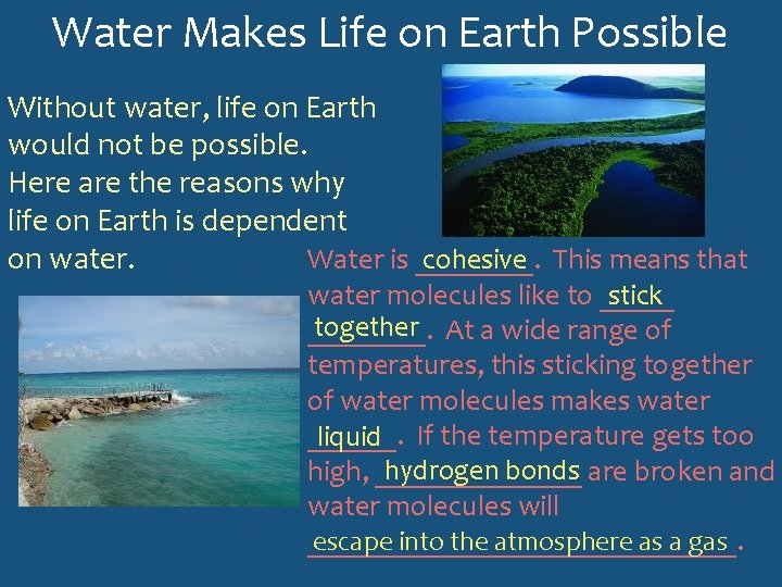 Water Makes Life on Earth Possible Without water, life on Earth would not be