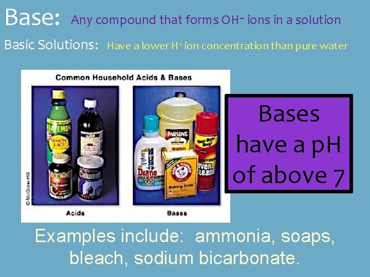 Base: Any compound that forms OH– ions in a solution Basic Solutions: Have a