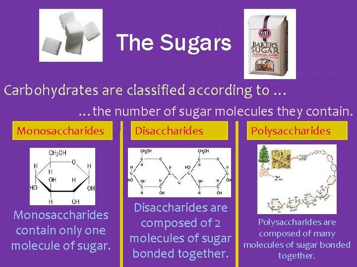 The Sugars Carbohydrates are classified according to … …the number of sugar molecules they The Sugars Carbohydrates are classified according to … …the number of sugar molecules they