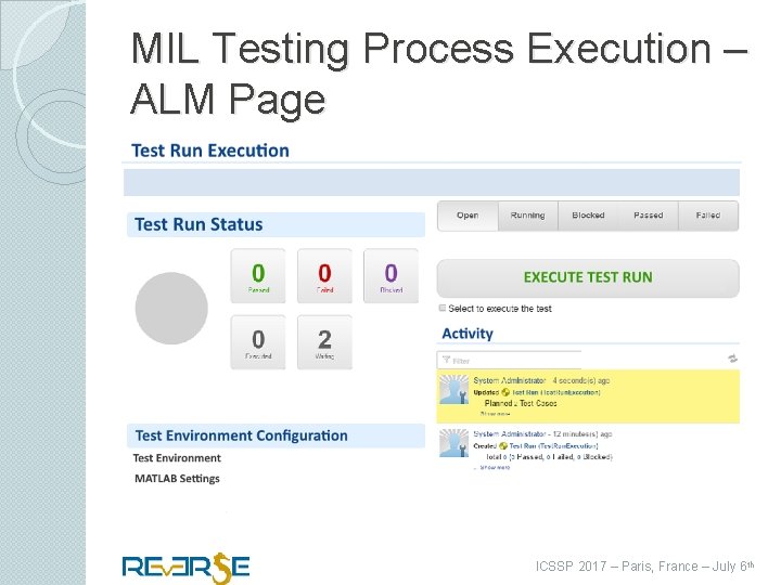 MIL Testing Process Execution – ALM Page ICSSP 2017 – Paris, France – July