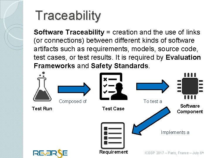 Traceability Software Traceability = creation and the use of links (or connections) between different