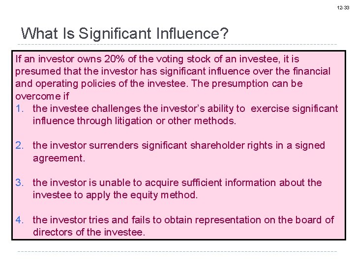 12 -33 What Is Significant Influence? If an investor owns 20% of the voting