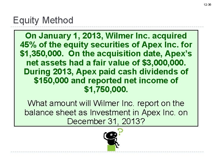 12 -36 Equity Method On January 1, 2013, Wilmer Inc. acquired 45% of the