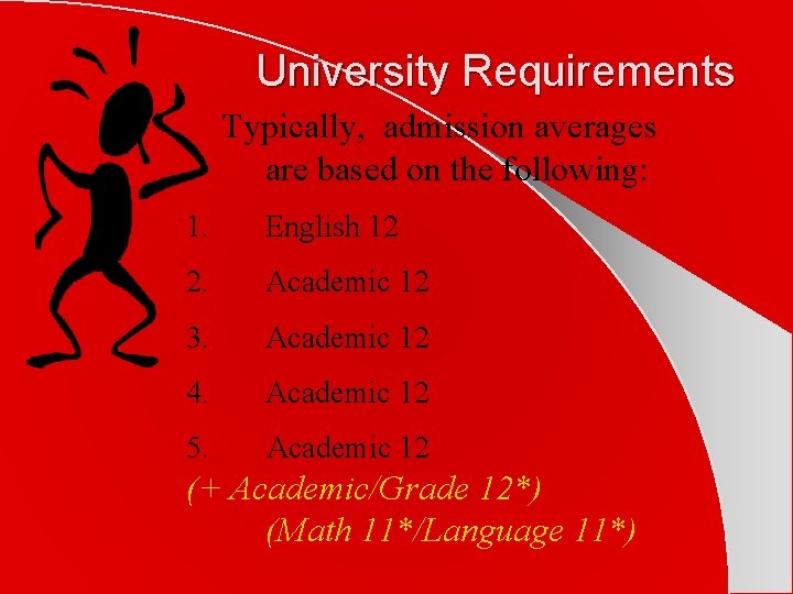 University Requirements Typically, admission averages are based on the following: 1. English 12 2.