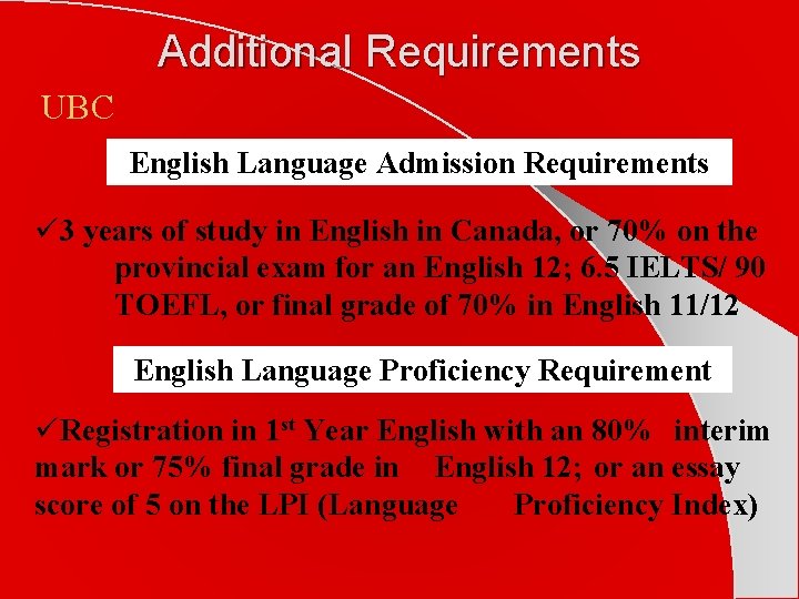 Additional Requirements UBC English Language Admission Requirements ü 3 years of study in English