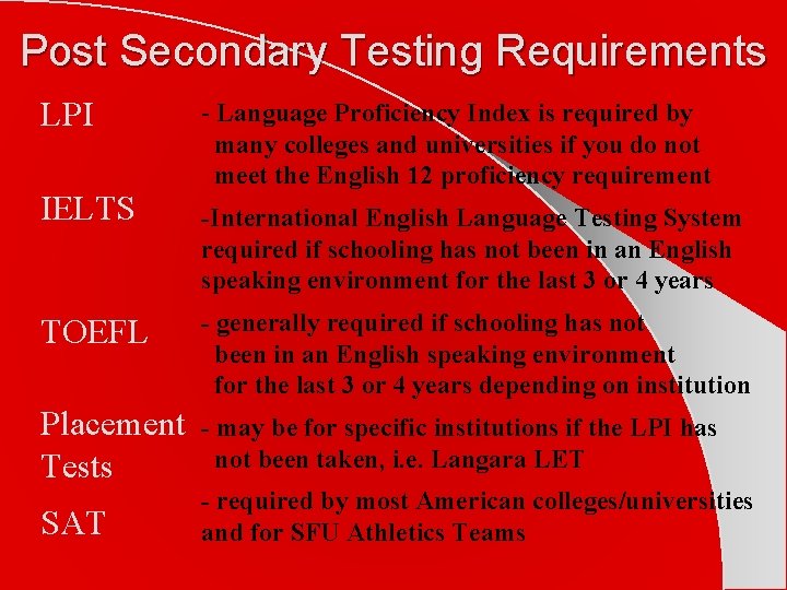 Post Secondary Testing Requirements LPI IELTS - Language Proficiency Index is required by many