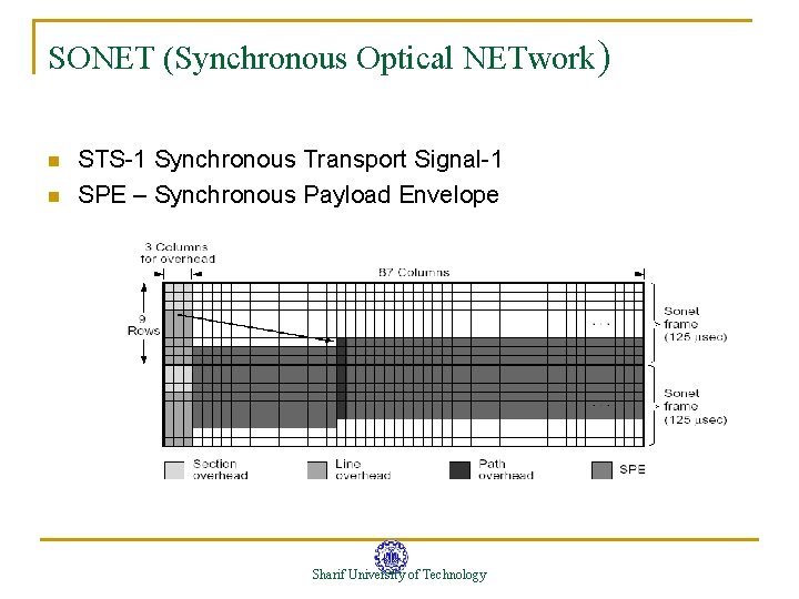 SONET (Synchronous Optical NETwork) n n STS-1 Synchronous Transport Signal-1 SPE – Synchronous Payload SONET (Synchronous Optical NETwork) n n STS-1 Synchronous Transport Signal-1 SPE – Synchronous Payload