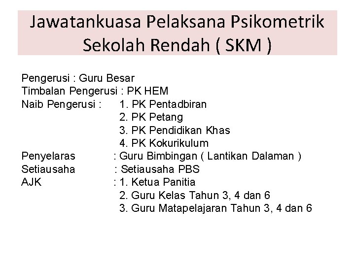 Jawatankuasa Pelaksana Psikometrik Sekolah Rendah ( SKM ) Pengerusi : Guru Besar Timbalan Pengerusi