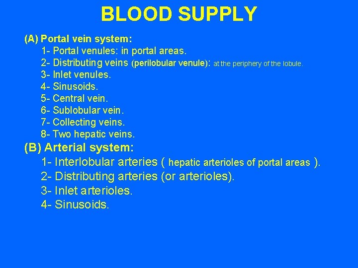 BLOOD SUPPLY (A) Portal vein system: 1 - Portal venules: in portal areas. 2