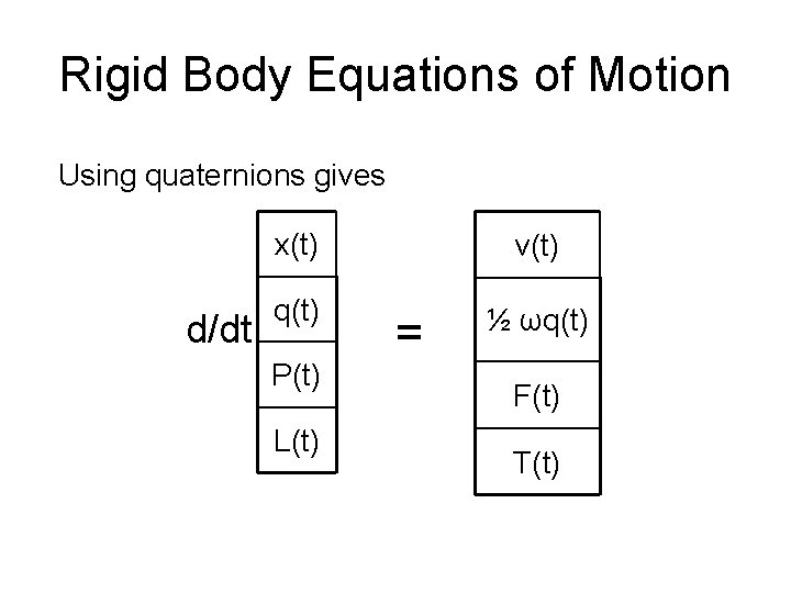 Rigid Body Equations of Motion Using quaternions gives d/dt x(t) v(t) q(t) ½ ωq(t)