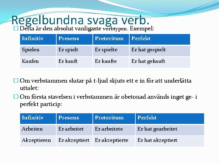 Regelbundna svaga verb. � Detta är den absolut vanligaste . Exempel: verbtypen Infinitiv Presens